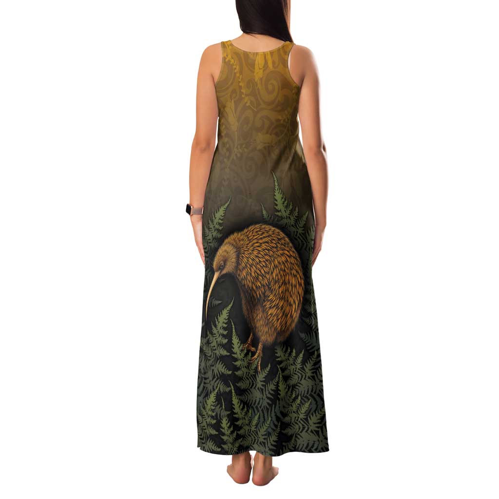 New Zealand Kiwi Bird Tank Maxi Dress Silver Fern Mix Maori Pattern LT05 - Polynesian Pride