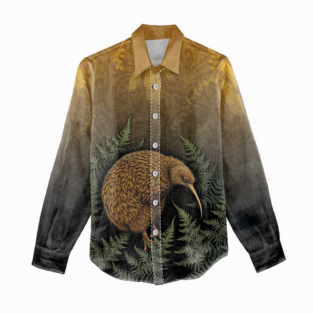 New Zealand Kiwi Bird Women Casual Shirt Silver Fern Mix Maori Pattern