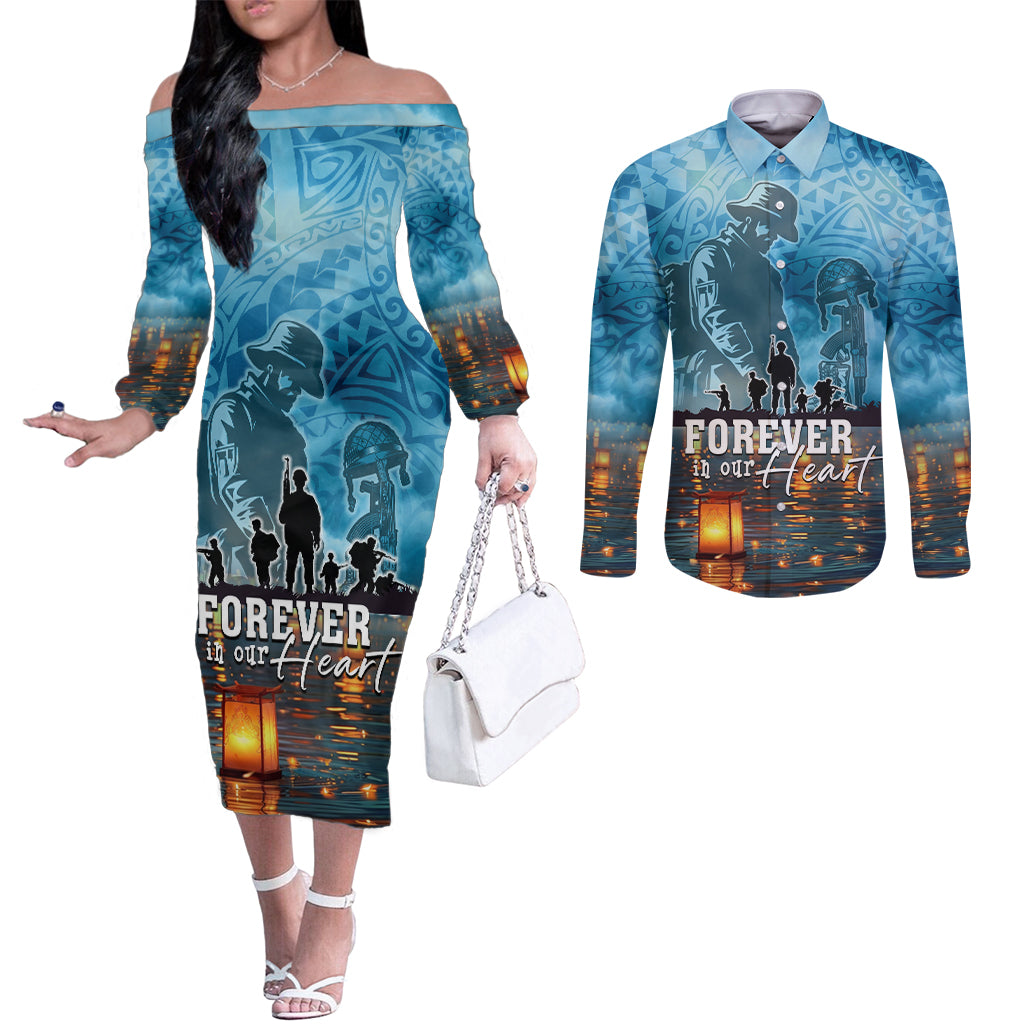 Hawaii Memorial Day Lantern Floating Couples Matching Off The Shoulder Long Sleeve Dress and Long Sleeve Button Shirt Always In Our Hearts