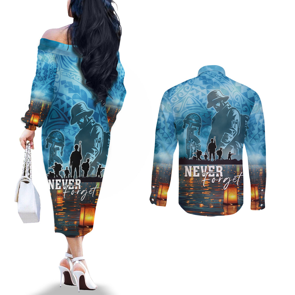 Hawaii Memorial Day Lantern Floating Couples Matching Off The Shoulder Long Sleeve Dress and Long Sleeve Button Shirt Always In Our Hearts