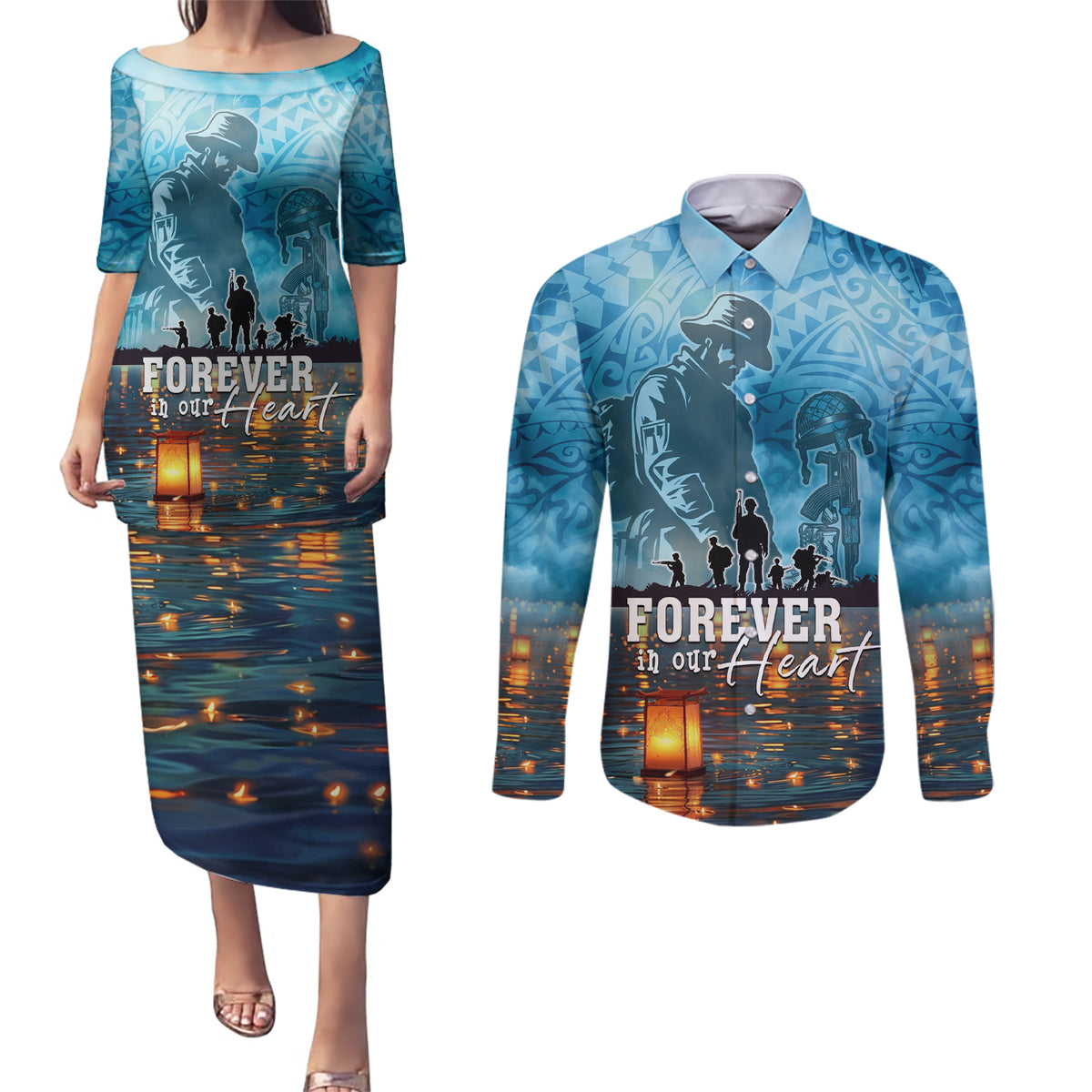 Hawaii Memorial Day Lantern Floating Couples Matching Puletasi and Long Sleeve Button Shirt Always In Our Hearts