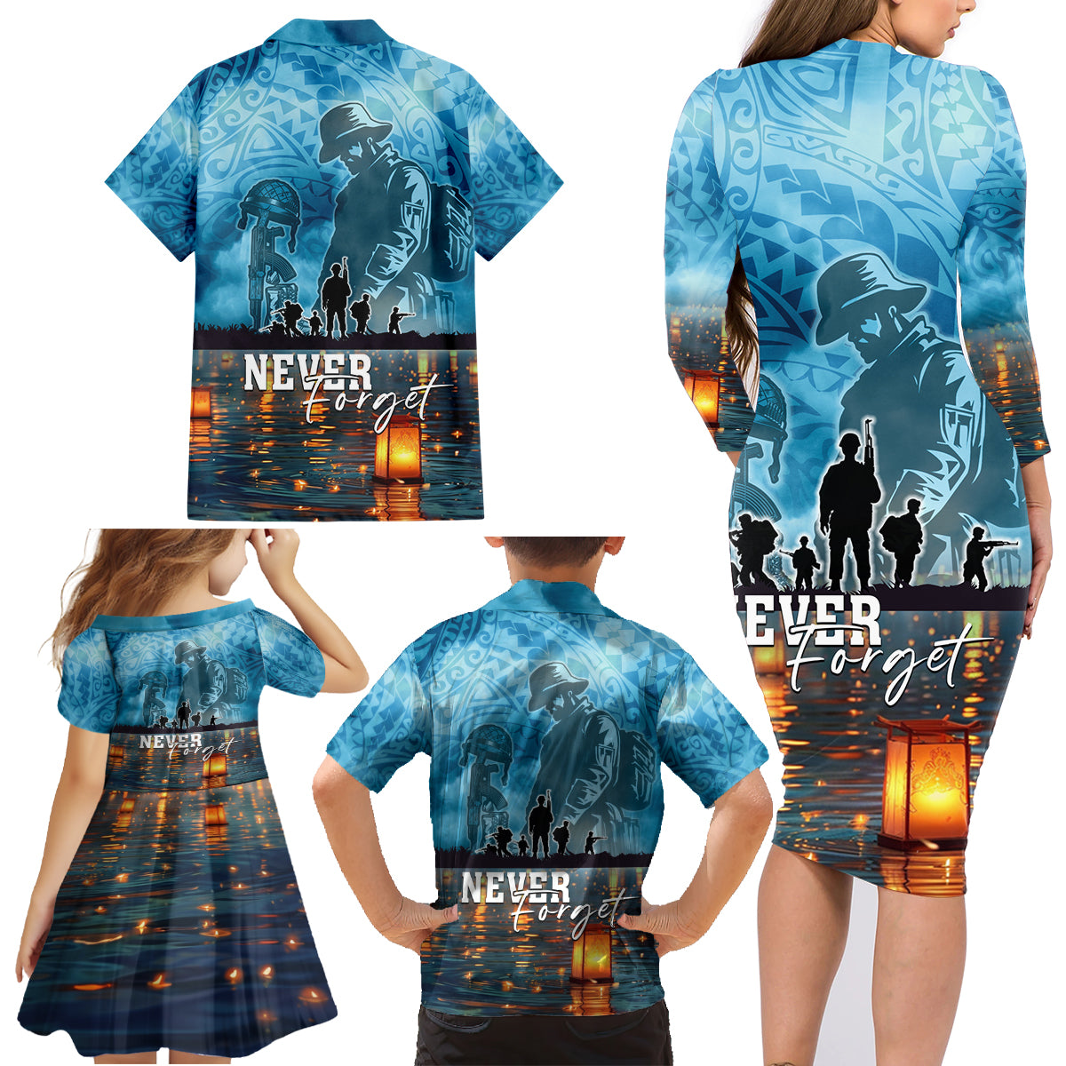 Hawaii Memorial Day Lantern Floating Family Matching Long Sleeve Bodycon Dress and Hawaiian Shirt Always In Our Hearts LT05 - Polynesian Pride