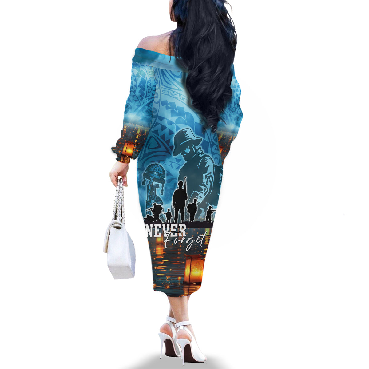 Hawaii Memorial Day Lantern Floating Family Matching Off The Shoulder Long Sleeve Dress and Hawaiian Shirt Always In Our Hearts LT05 - Polynesian Pride