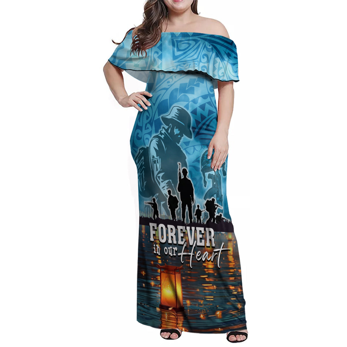 Hawaii Memorial Day Lantern Floating Family Matching Off Shoulder Maxi Dress and Hawaiian Shirt Always In Our Hearts LT05 Mom's Dress Blue - Polynesian Pride