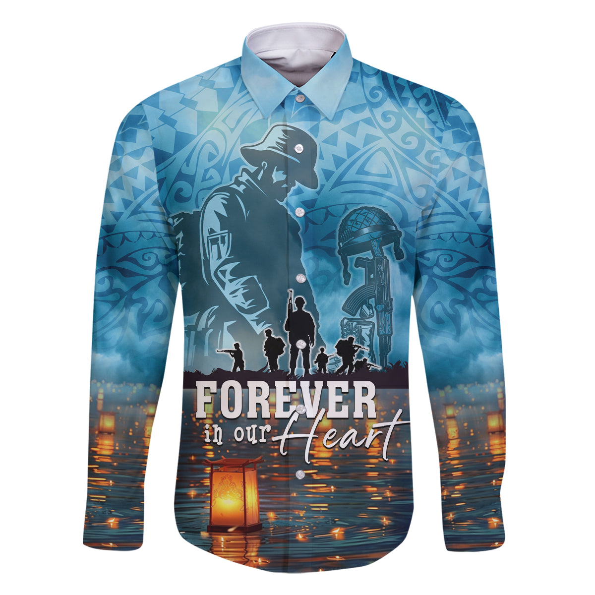 Hawaii Memorial Day Lantern Floating Family Matching Off Shoulder Short Dress and Hawaiian Shirt Always In Our Hearts LT05 Dad's Shirt - Long Sleeve Blue - Polynesian Pride