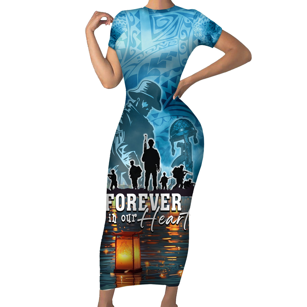 Hawaii Memorial Day Lantern Floating Family Matching Short Sleeve Bodycon Dress and Hawaiian Shirt Always In Our Hearts LT05 Mom's Dress Blue - Polynesian Pride