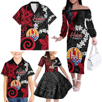 Tahiti Heiva Festival Family Matching Off The Shoulder Long Sleeve Dress and Hawaiian Shirt Floral Pattern With Coat Of Arms LT05 - Polynesian Pride