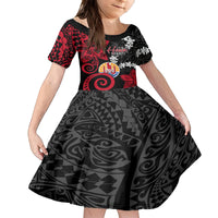 Tahiti Heiva Festival Family Matching Off Shoulder Short Dress and Hawaiian Shirt Floral Pattern With Coat Of Arms LT05 Daughter's Dress Black - Polynesian Pride