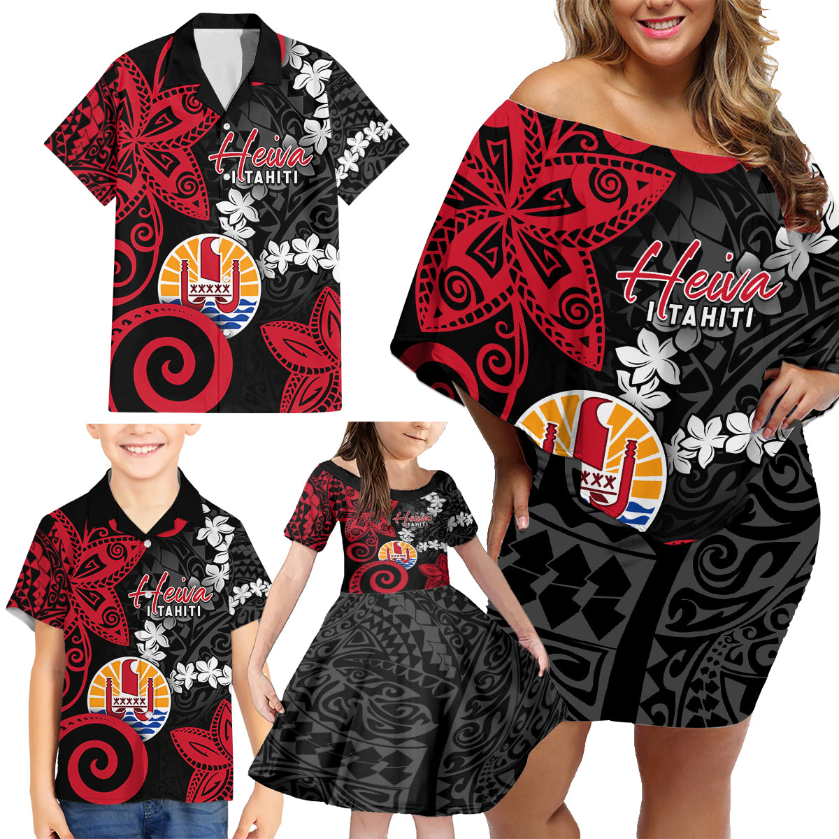 Tahiti Heiva Festival Family Matching Off Shoulder Short Dress and Hawaiian Shirt Floral Pattern With Coat Of Arms LT05 - Polynesian Pride