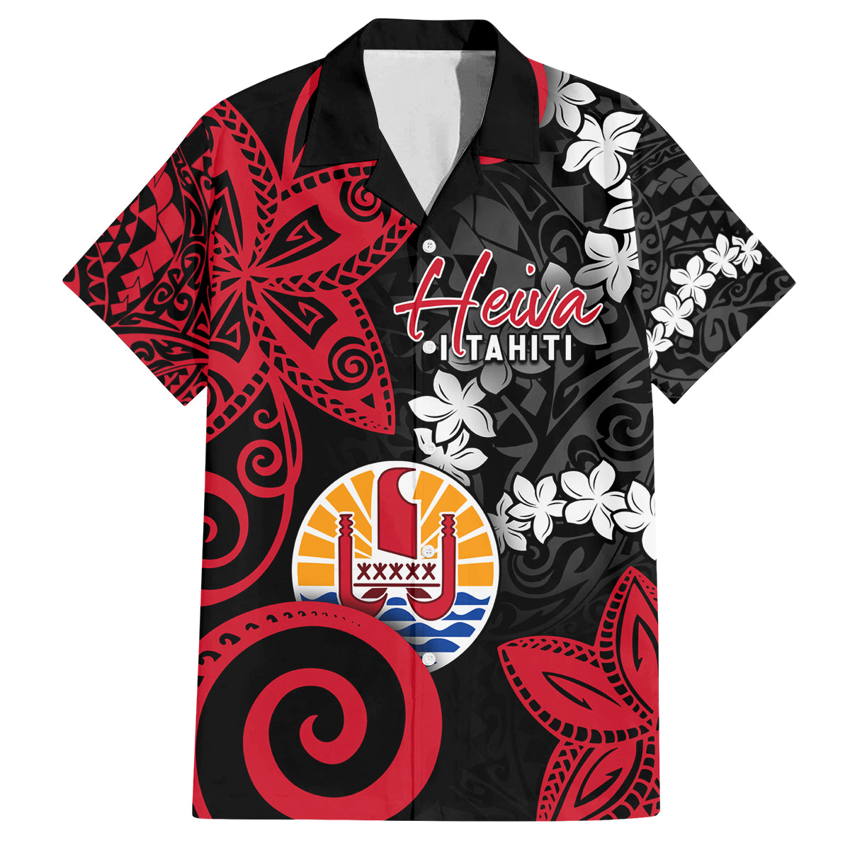Tahiti Heiva Festival Family Matching Off Shoulder Short Dress and Hawaiian Shirt Floral Pattern With Coat Of Arms LT05 Dad's Shirt - Short Sleeve Black - Polynesian Pride