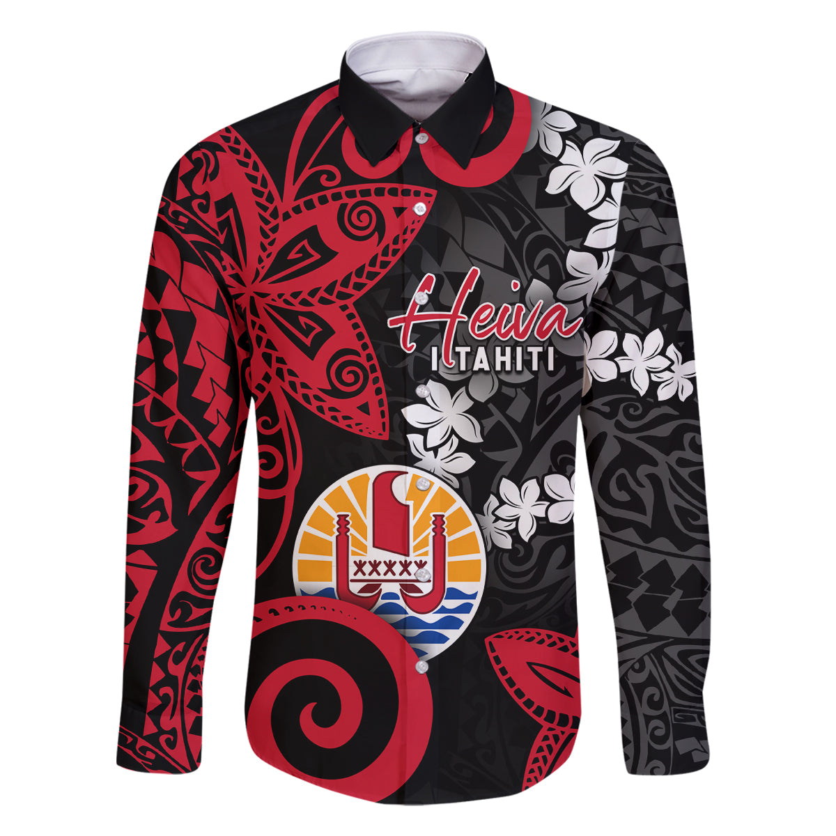 Tahiti Heiva Festival Family Matching Off Shoulder Short Dress and Hawaiian Shirt Floral Pattern With Coat Of Arms LT05 Dad's Shirt - Long Sleeve Black - Polynesian Pride
