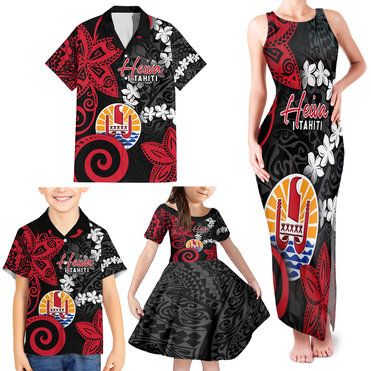 Tahiti Heiva Festival Family Matching Tank Maxi Dress and Hawaiian Shirt Floral Pattern With Coat Of Arms LT05 - Polynesian Pride