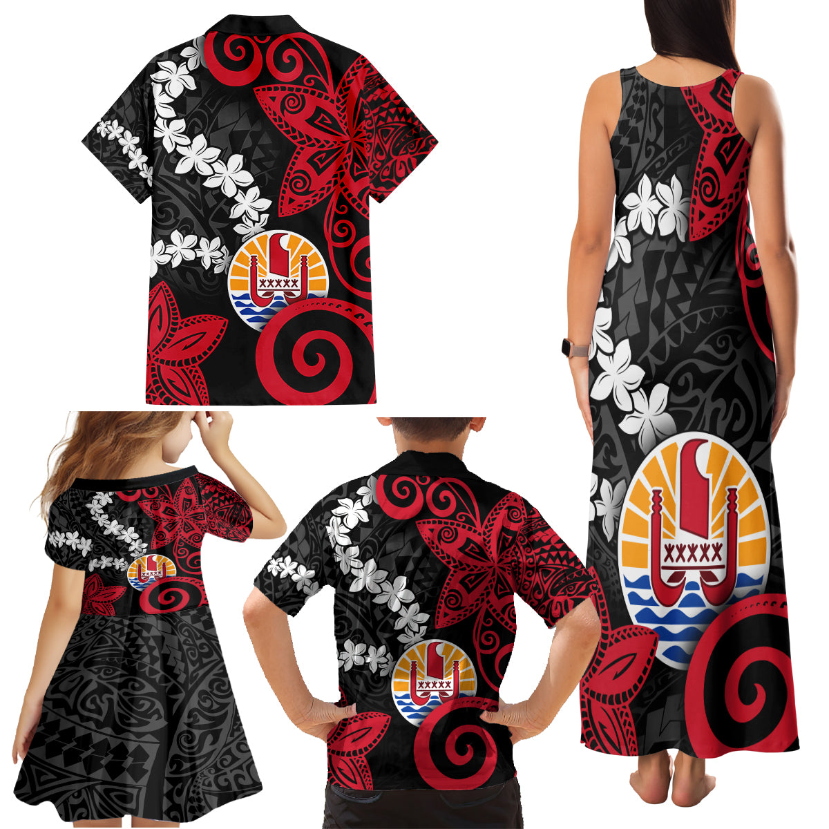 Tahiti Heiva Festival Family Matching Tank Maxi Dress and Hawaiian Shirt Floral Pattern With Coat Of Arms LT05 - Polynesian Pride