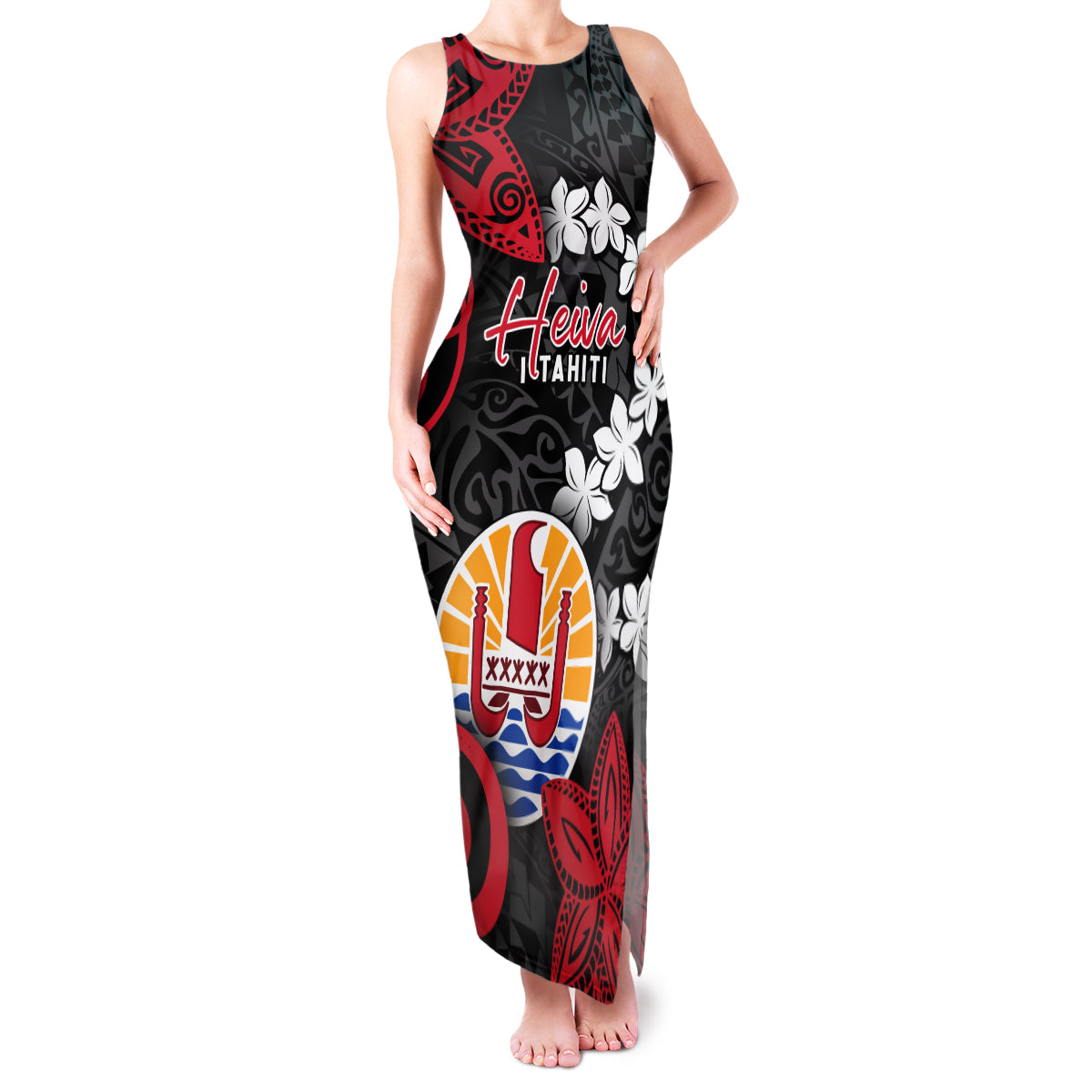 Tahiti Heiva Festival Family Matching Tank Maxi Dress and Hawaiian Shirt Floral Pattern With Coat Of Arms LT05 Mom's Dress Black - Polynesian Pride