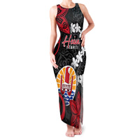Tahiti Heiva Festival Family Matching Tank Maxi Dress and Hawaiian Shirt Floral Pattern With Coat Of Arms LT05 Mom's Dress Black - Polynesian Pride