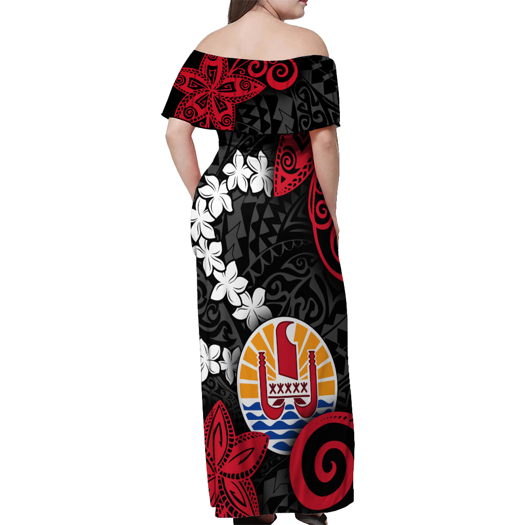 Tahiti Heiva Festival Off Shoulder Maxi Dress Floral Pattern With Coat Of Arms