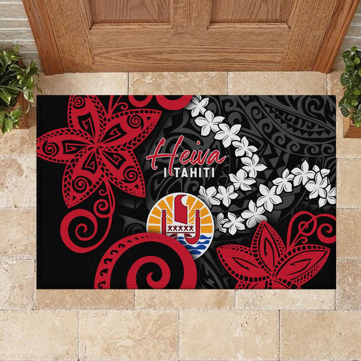 Tahiti Heiva Festival Rubber Doormat Floral Pattern With Coat Of Arms