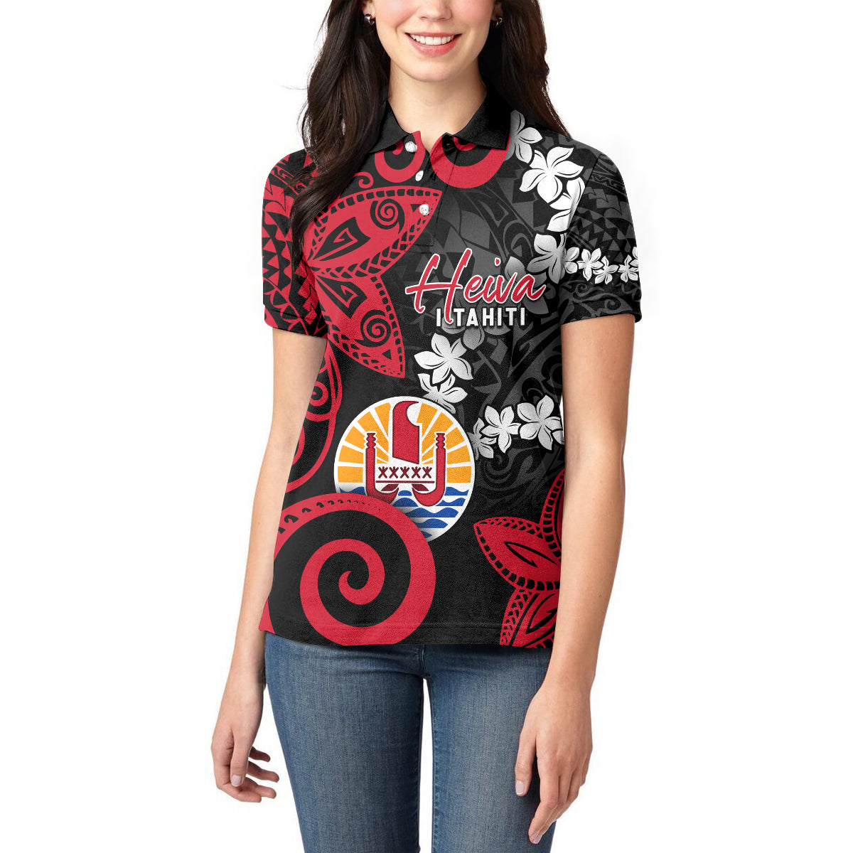 Tahiti Heiva Festival Women Polo Shirt Floral Pattern With Coat Of Arms LT05 - Polynesian Pride