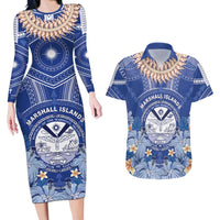 Marshall Islands Jemenei Day Couples Matching Long Sleeve Bodycon Dress and Hawaiian Shirt Polynesian Tribal Tattoo Seashell Necklace LT05 Blue - Polynesian Pride