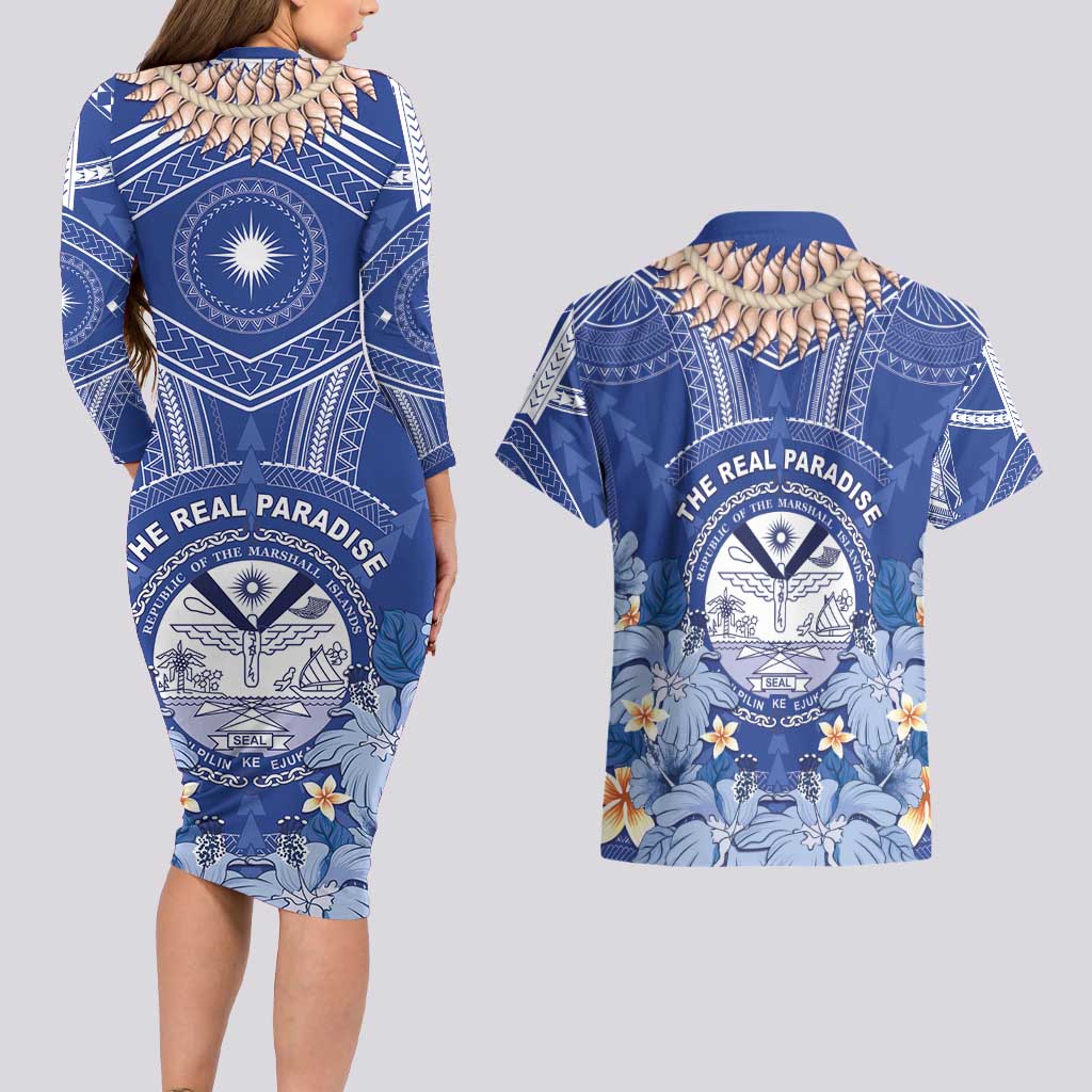 Marshall Islands Jemenei Day Couples Matching Long Sleeve Bodycon Dress and Hawaiian Shirt Polynesian Tribal Tattoo Seashell Necklace LT05 - Polynesian Pride