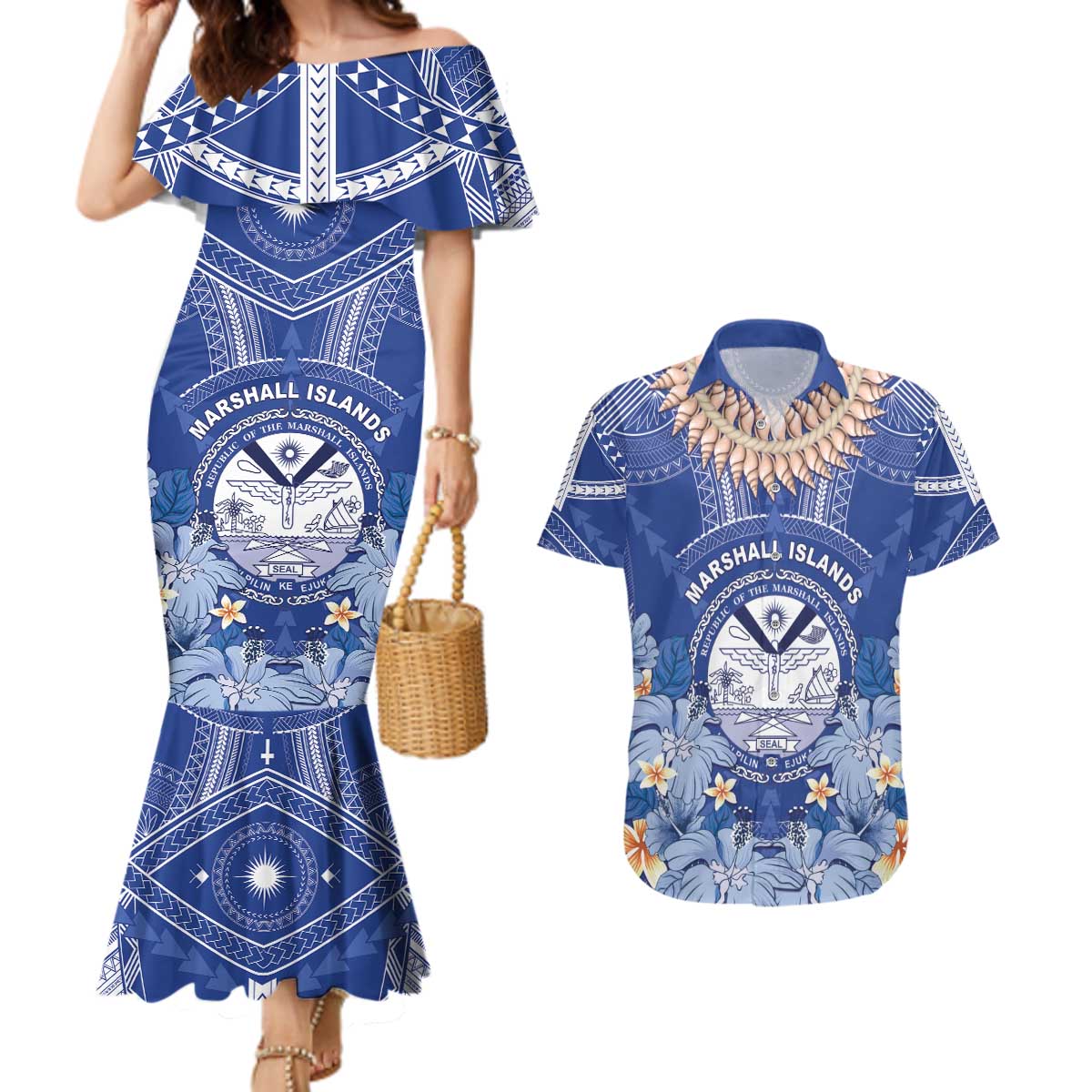 Marshall Islands Jemenei Day Couples Matching Mermaid Dress and Hawaiian Shirt Polynesian Tribal Tattoo Seashell Necklace LT05 Blue - Polynesian Pride