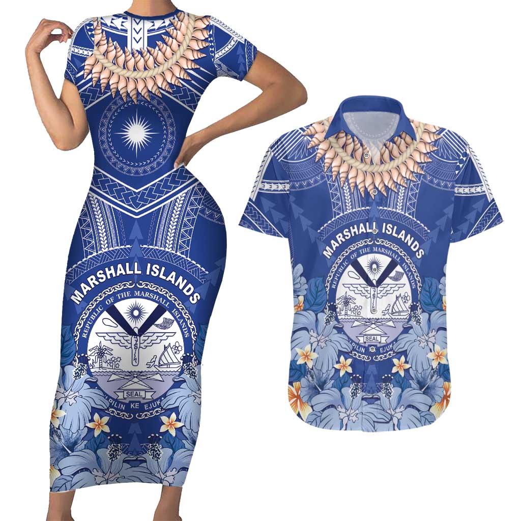 Marshall Islands Jemenei Day Couples Matching Short Sleeve Bodycon Dress and Hawaiian Shirt Polynesian Tribal Tattoo Seashell Necklace LT05 Blue - Polynesian Pride