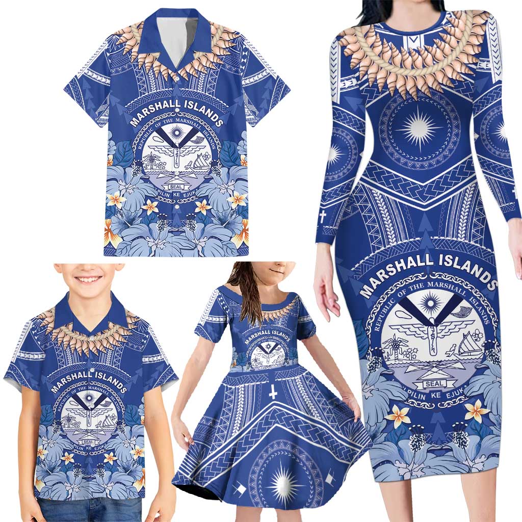 Marshall Islands Jemenei Day Family Matching Long Sleeve Bodycon Dress and Hawaiian Shirt Polynesian Tribal Tattoo Seashell Necklace LT05 - Polynesian Pride