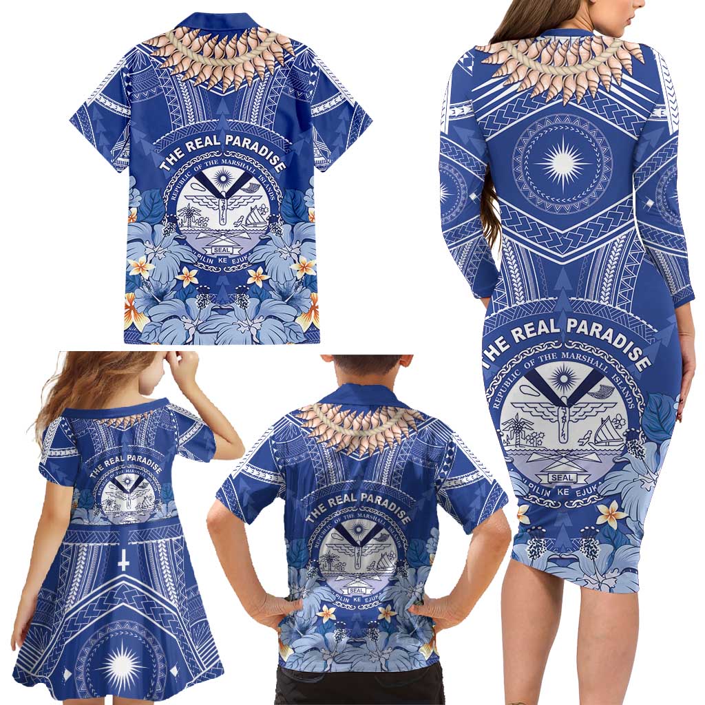 Marshall Islands Jemenei Day Family Matching Long Sleeve Bodycon Dress and Hawaiian Shirt Polynesian Tribal Tattoo Seashell Necklace LT05 - Polynesian Pride