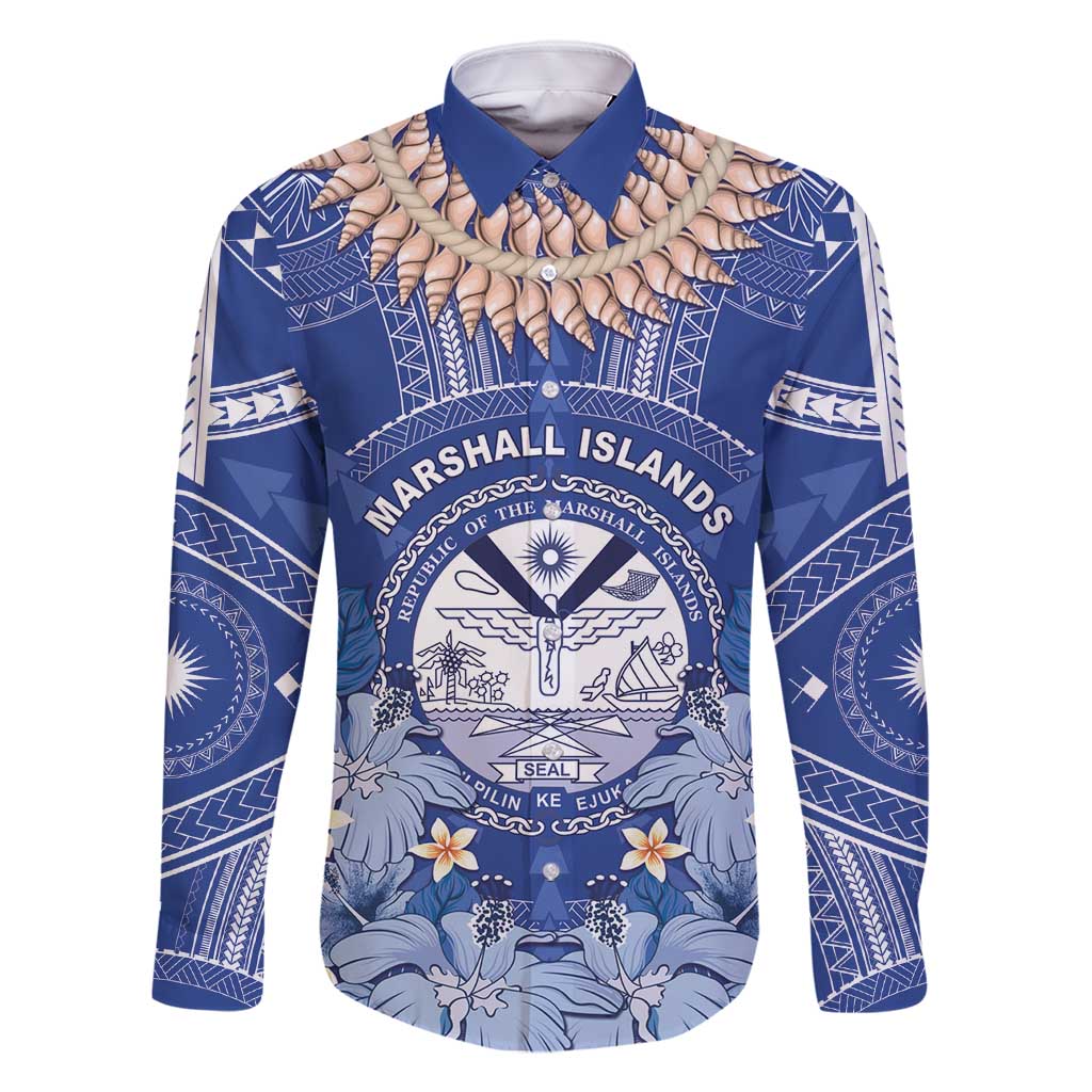 Marshall Islands Jemenei Day Family Matching Mermaid Dress and Hawaiian Shirt Polynesian Tribal Tattoo Seashell Necklace LT05 Dad's Shirt - Long Sleeve Blue - Polynesian Pride