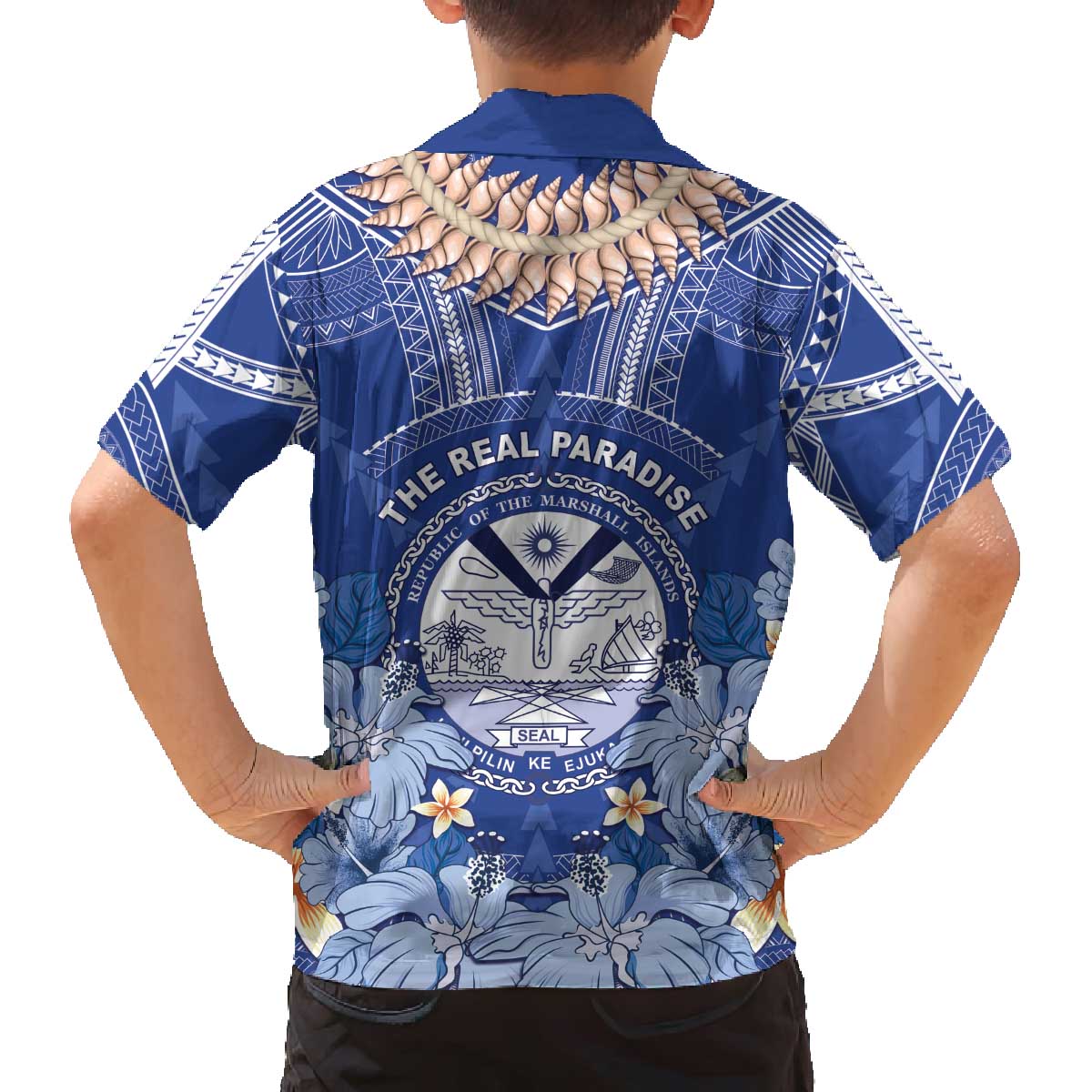 Marshall Islands Jemenei Day Family Matching Off The Shoulder Long Sleeve Dress and Hawaiian Shirt Polynesian Tribal Tattoo Seashell Necklace LT05 - Polynesian Pride