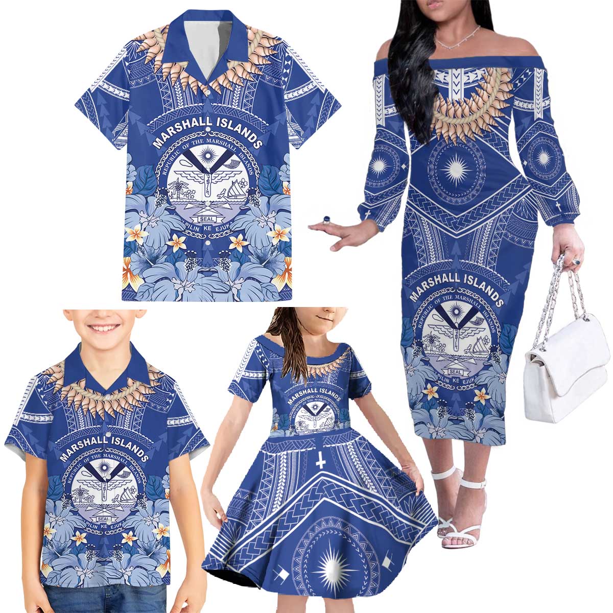 Marshall Islands Jemenei Day Family Matching Off The Shoulder Long Sleeve Dress and Hawaiian Shirt Polynesian Tribal Tattoo Seashell Necklace LT05 - Polynesian Pride