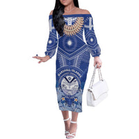 Marshall Islands Jemenei Day Family Matching Off The Shoulder Long Sleeve Dress and Hawaiian Shirt Polynesian Tribal Tattoo Seashell Necklace LT05 Mom's Dress Blue - Polynesian Pride