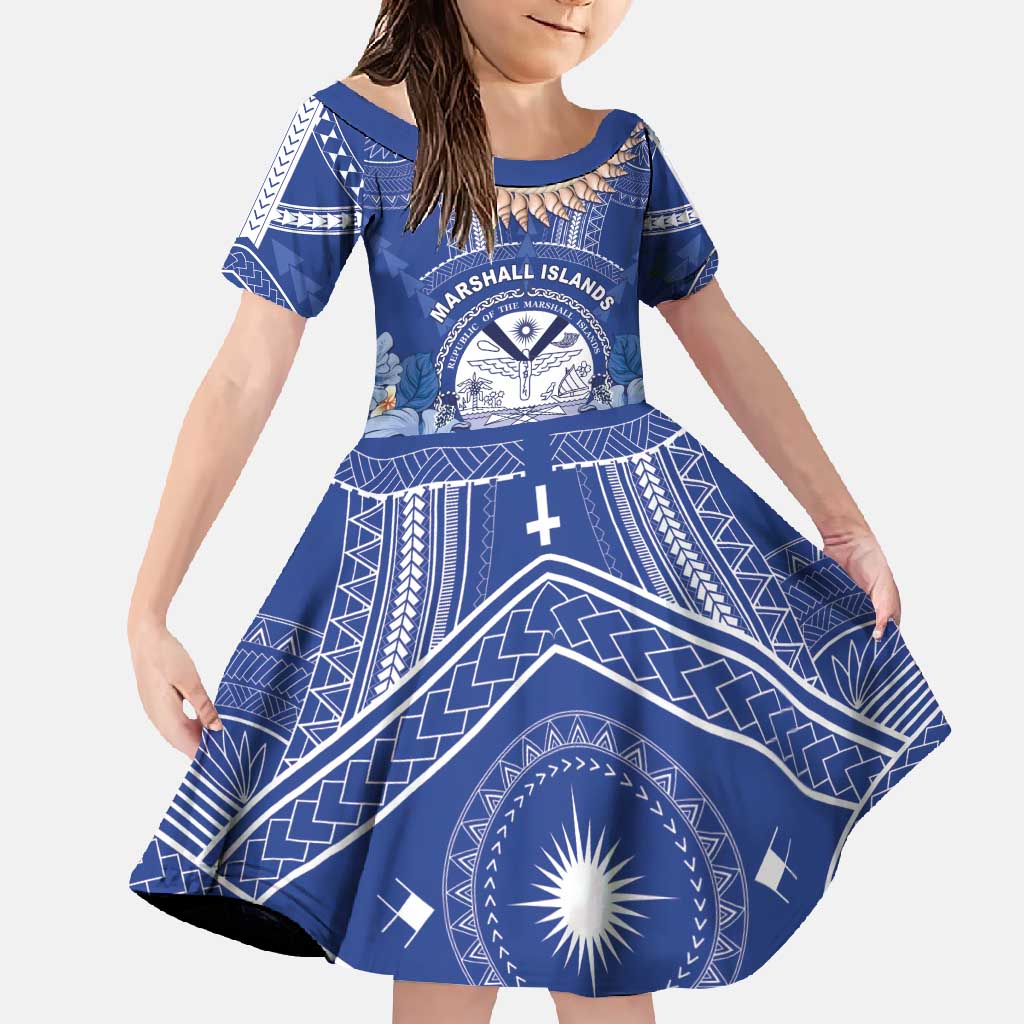 Marshall Islands Jemenei Day Family Matching Off Shoulder Maxi Dress and Hawaiian Shirt Polynesian Tribal Tattoo Seashell Necklace LT05 Daughter's Dress Blue - Polynesian Pride
