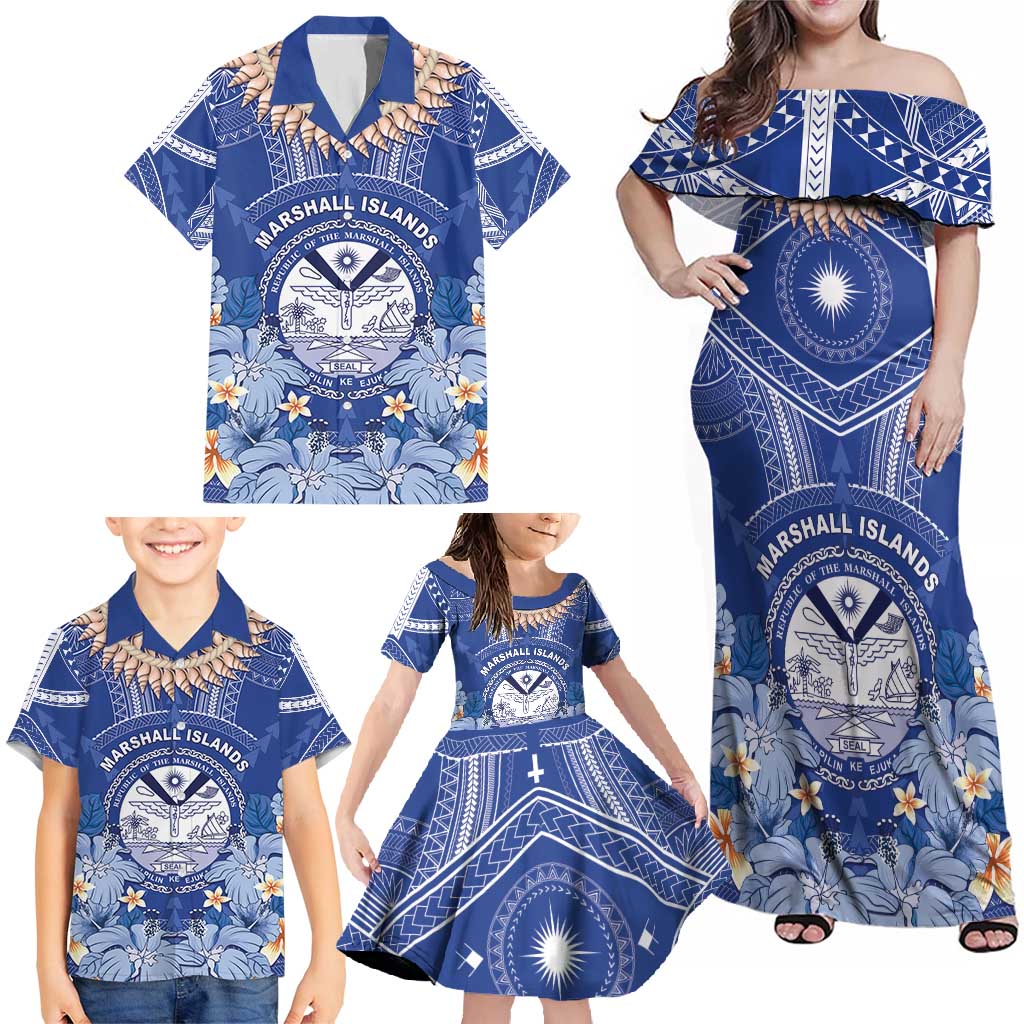 Marshall Islands Jemenei Day Family Matching Off Shoulder Maxi Dress and Hawaiian Shirt Polynesian Tribal Tattoo Seashell Necklace LT05 - Polynesian Pride