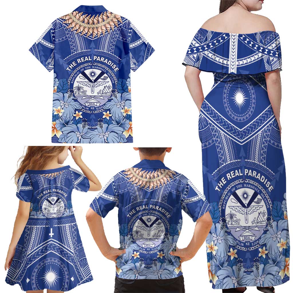 Marshall Islands Jemenei Day Family Matching Off Shoulder Maxi Dress and Hawaiian Shirt Polynesian Tribal Tattoo Seashell Necklace LT05 - Polynesian Pride