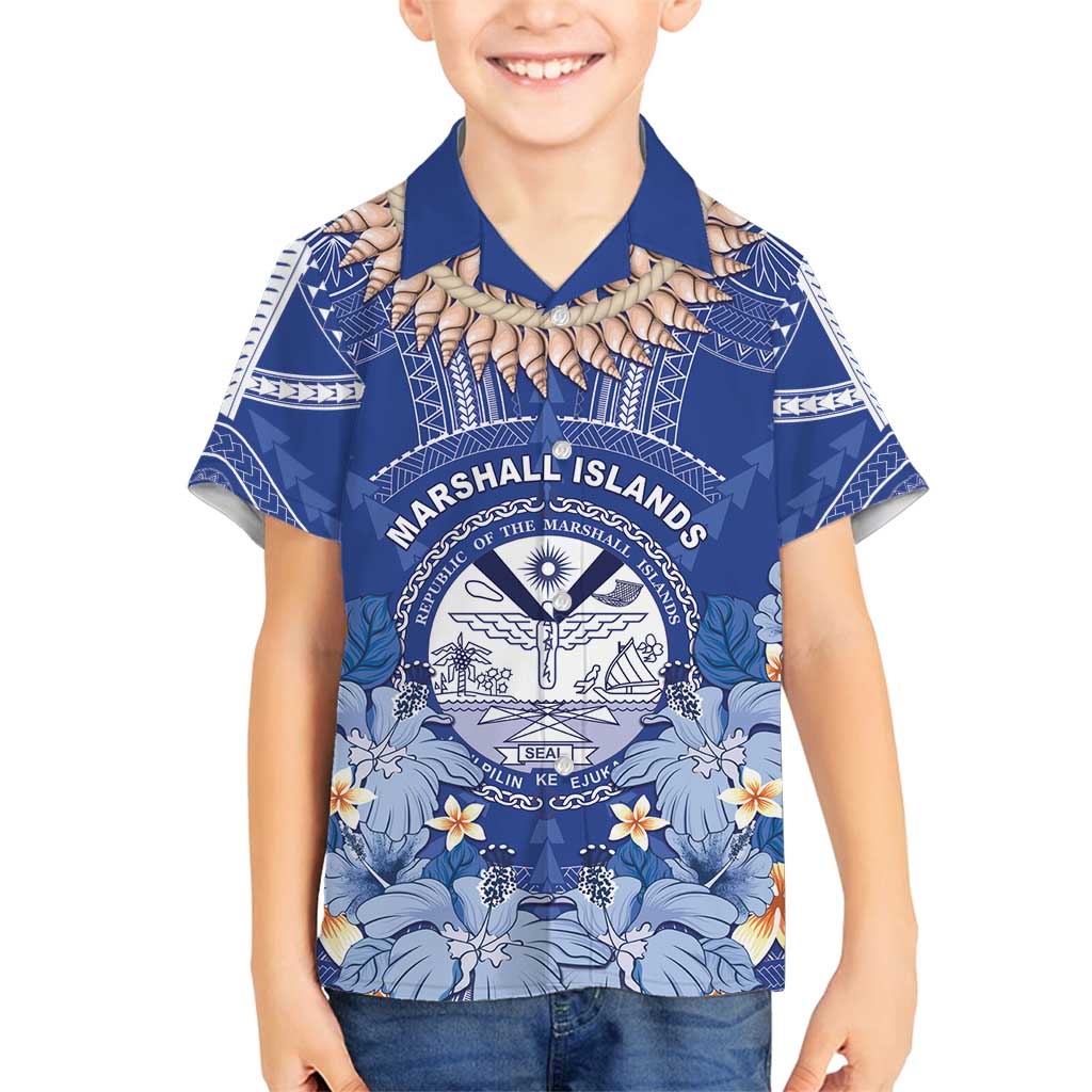 Marshall Islands Jemenei Day Family Matching Off Shoulder Maxi Dress and Hawaiian Shirt Polynesian Tribal Tattoo Seashell Necklace LT05 Son's Shirt Blue - Polynesian Pride
