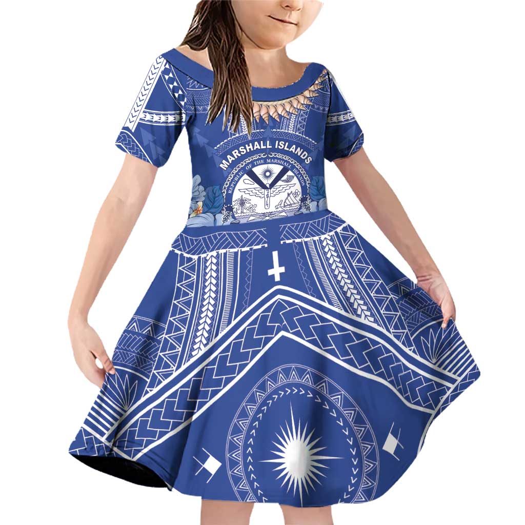 Marshall Islands Jemenei Day Family Matching Off Shoulder Short Dress and Hawaiian Shirt Polynesian Tribal Tattoo Seashell Necklace LT05 Daughter's Dress Blue - Polynesian Pride