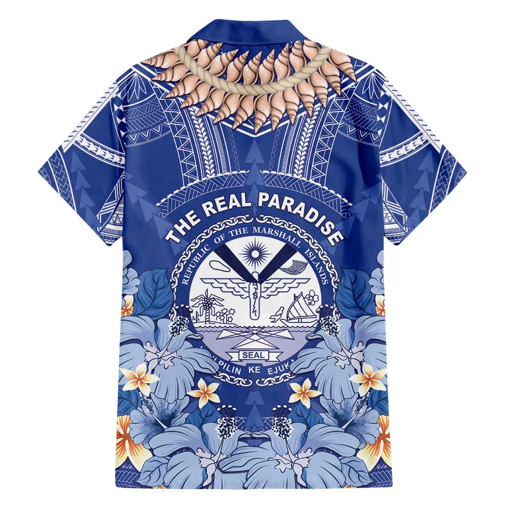 Marshall Islands Jemenei Day Family Matching Off Shoulder Short Dress and Hawaiian Shirt Polynesian Tribal Tattoo Seashell Necklace LT05 - Polynesian Pride
