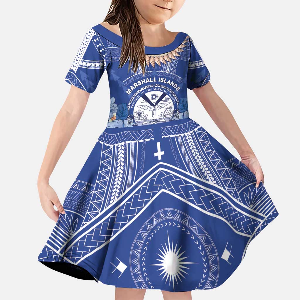Marshall Islands Jemenei Day Family Matching Puletasi and Hawaiian Shirt Polynesian Tribal Tattoo Seashell Necklace LT05 Daughter's Dress Blue - Polynesian Pride
