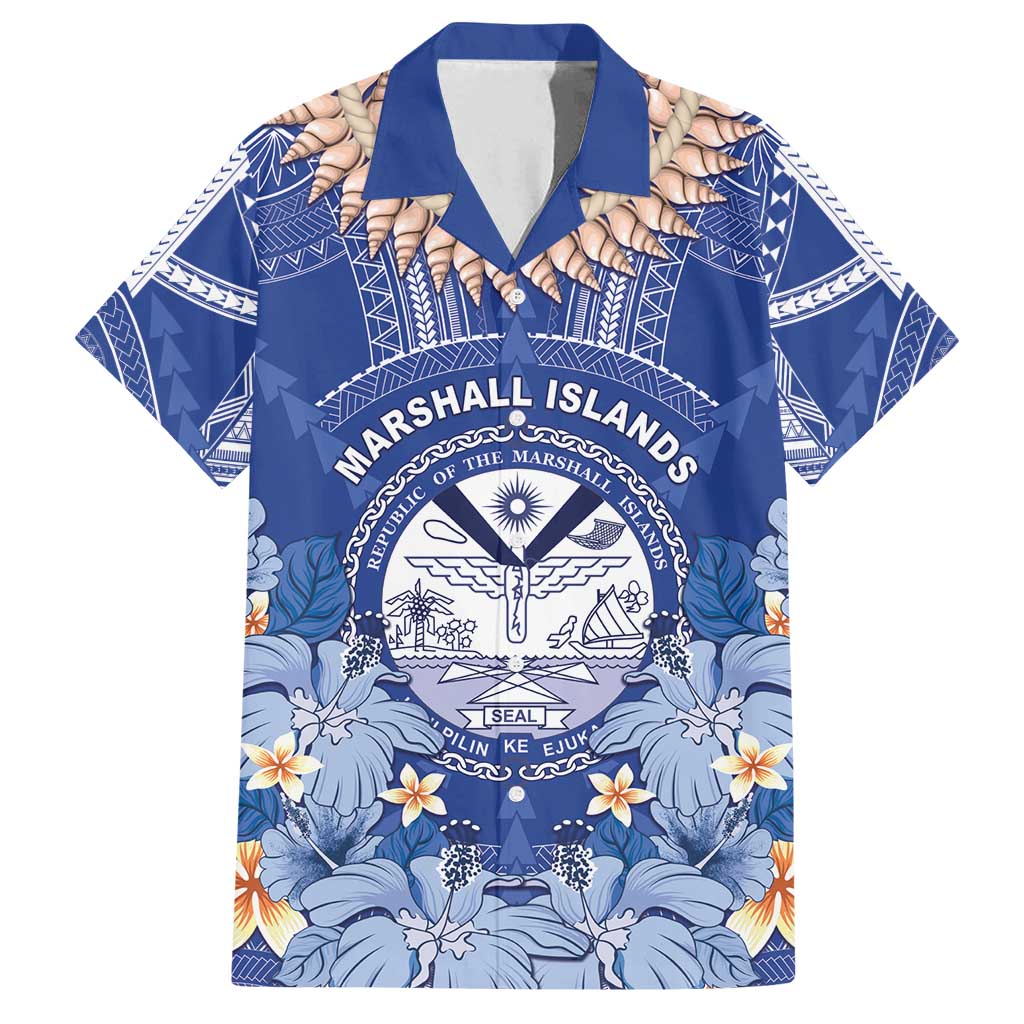 Marshall Islands Jemenei Day Family Matching Puletasi and Hawaiian Shirt Polynesian Tribal Tattoo Seashell Necklace LT05 Dad's Shirt - Short Sleeve Blue - Polynesian Pride