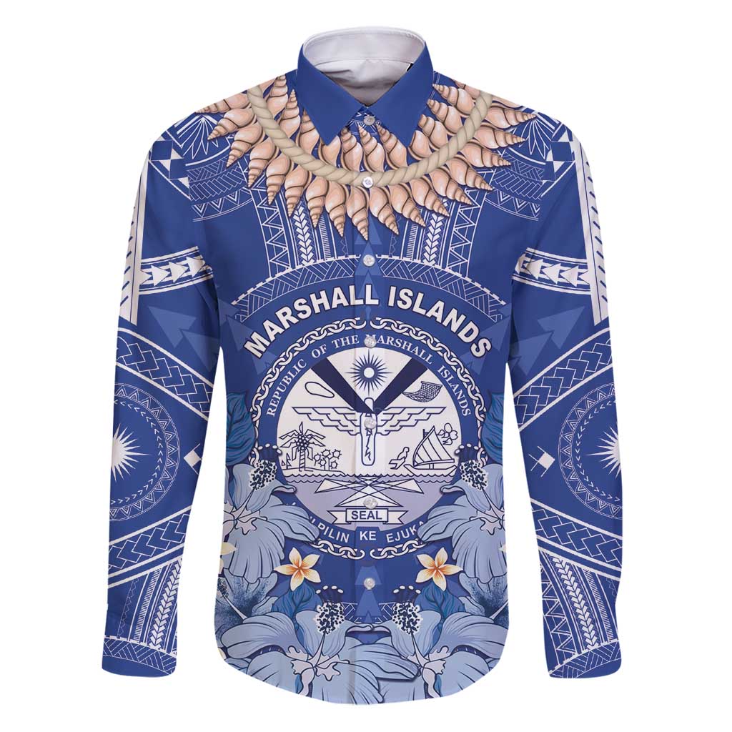 Marshall Islands Jemenei Day Family Matching Puletasi and Hawaiian Shirt Polynesian Tribal Tattoo Seashell Necklace LT05 Dad's Shirt - Long Sleeve Blue - Polynesian Pride