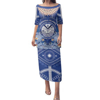 Marshall Islands Jemenei Day Family Matching Puletasi and Hawaiian Shirt Polynesian Tribal Tattoo Seashell Necklace LT05 Mom's Dress Blue - Polynesian Pride