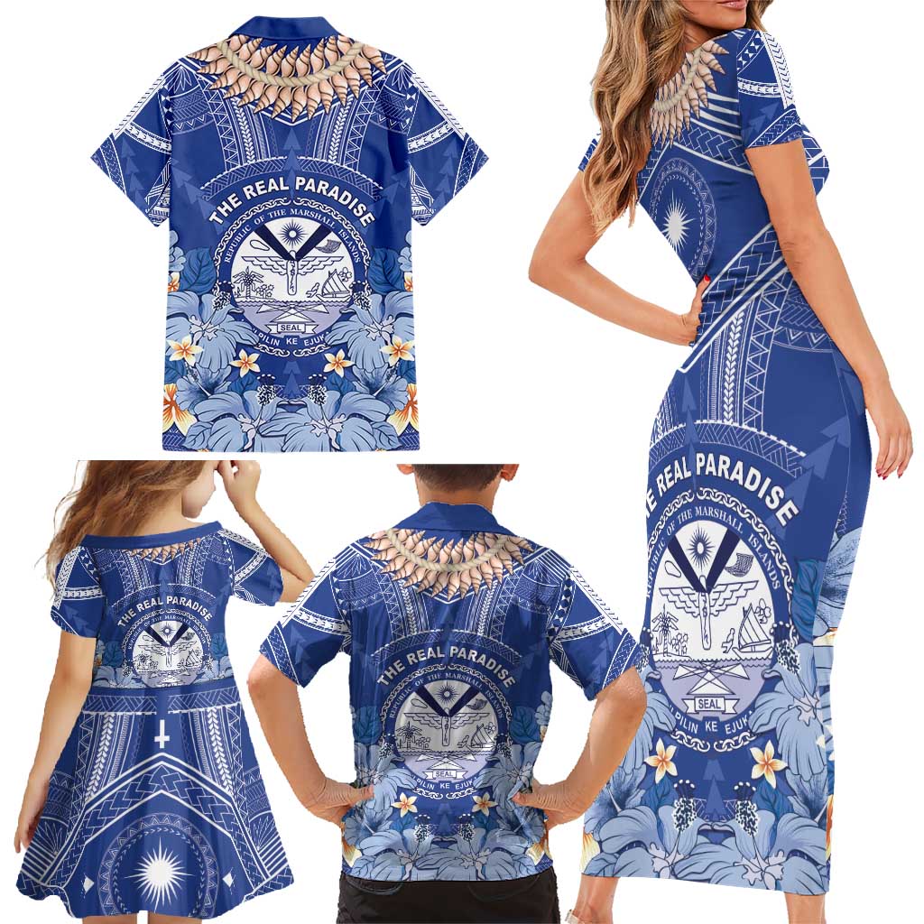 Marshall Islands Jemenei Day Family Matching Short Sleeve Bodycon Dress and Hawaiian Shirt Polynesian Tribal Tattoo Seashell Necklace LT05 - Polynesian Pride