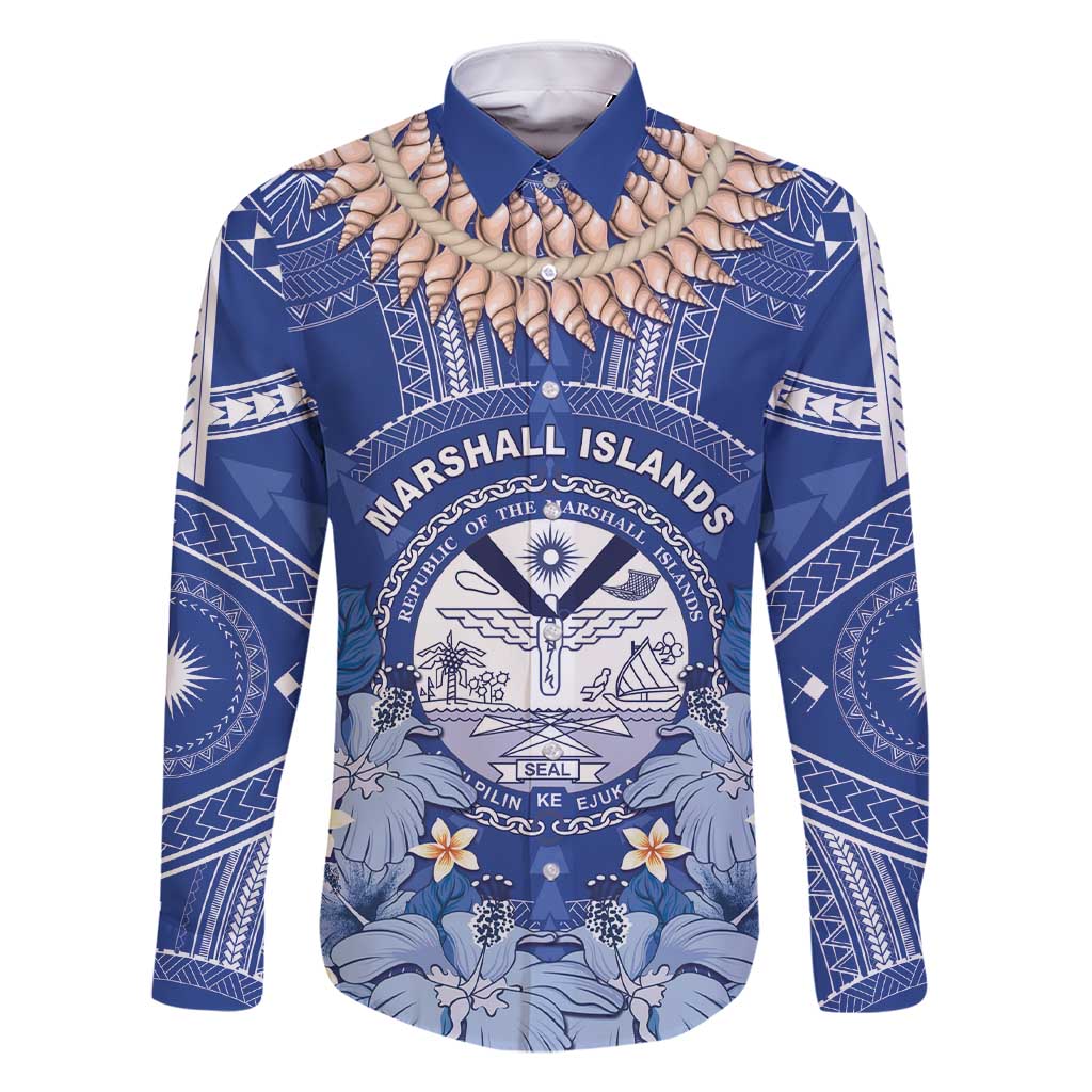 Marshall Islands Jemenei Day Family Matching Short Sleeve Bodycon Dress and Hawaiian Shirt Polynesian Tribal Tattoo Seashell Necklace LT05 Dad's Shirt - Long Sleeve Blue - Polynesian Pride