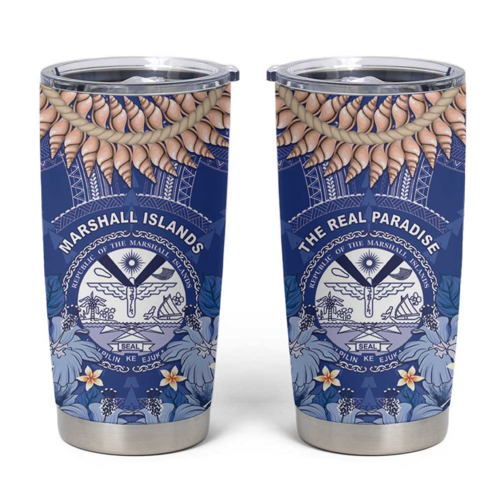 Marshall Islands Jemenei Day Tumbler Cup Polynesian Tribal Tattoo Seashell Necklace LT05 Blue - Polynesian Pride