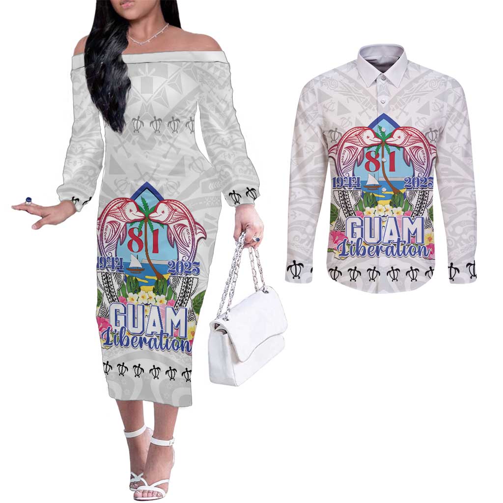Guam Chamorro Liberation Day Couples Matching Off The Shoulder Long Sleeve Dress and Long Sleeve Button Shirt 81st Anniversary LT05
