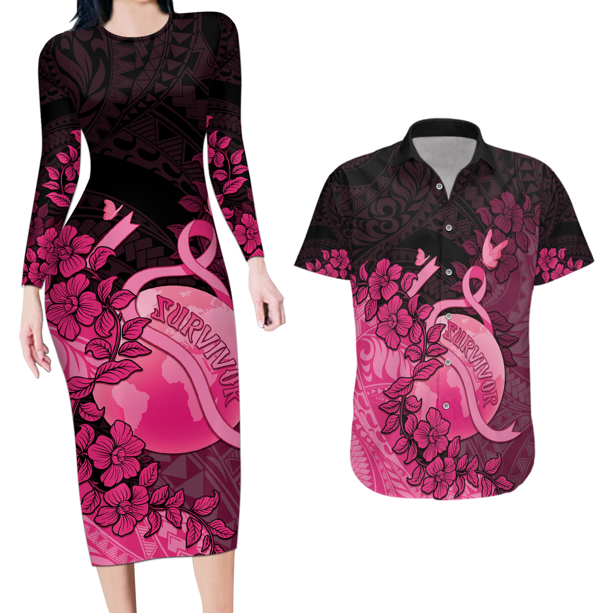 Personalised Cancer Fighter Couples Matching Long Sleeve Bodycon Dress and Hawaiian Shirt I Beat Cancer LT05 Pink - Polynesian Pride