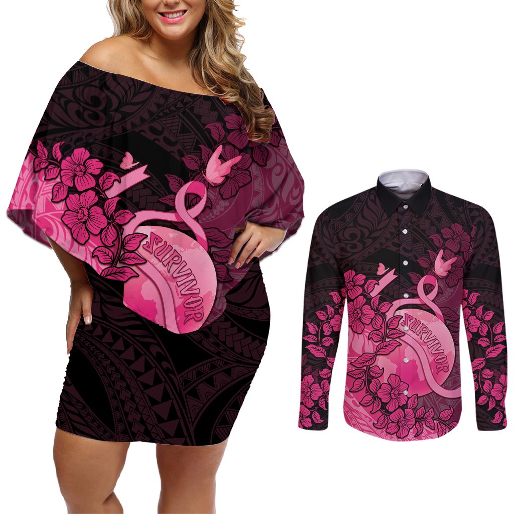 Personalised Cancer Fighter Couples Matching Off Shoulder Short Dress and Long Sleeve Button Shirt I Beat Cancer
