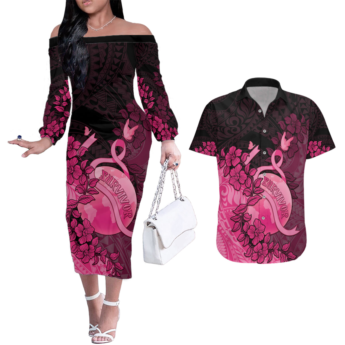 Personalised Cancer Fighter Couples Matching Off The Shoulder Long Sleeve Dress and Hawaiian Shirt I Beat Cancer LT05 Pink - Polynesian Pride