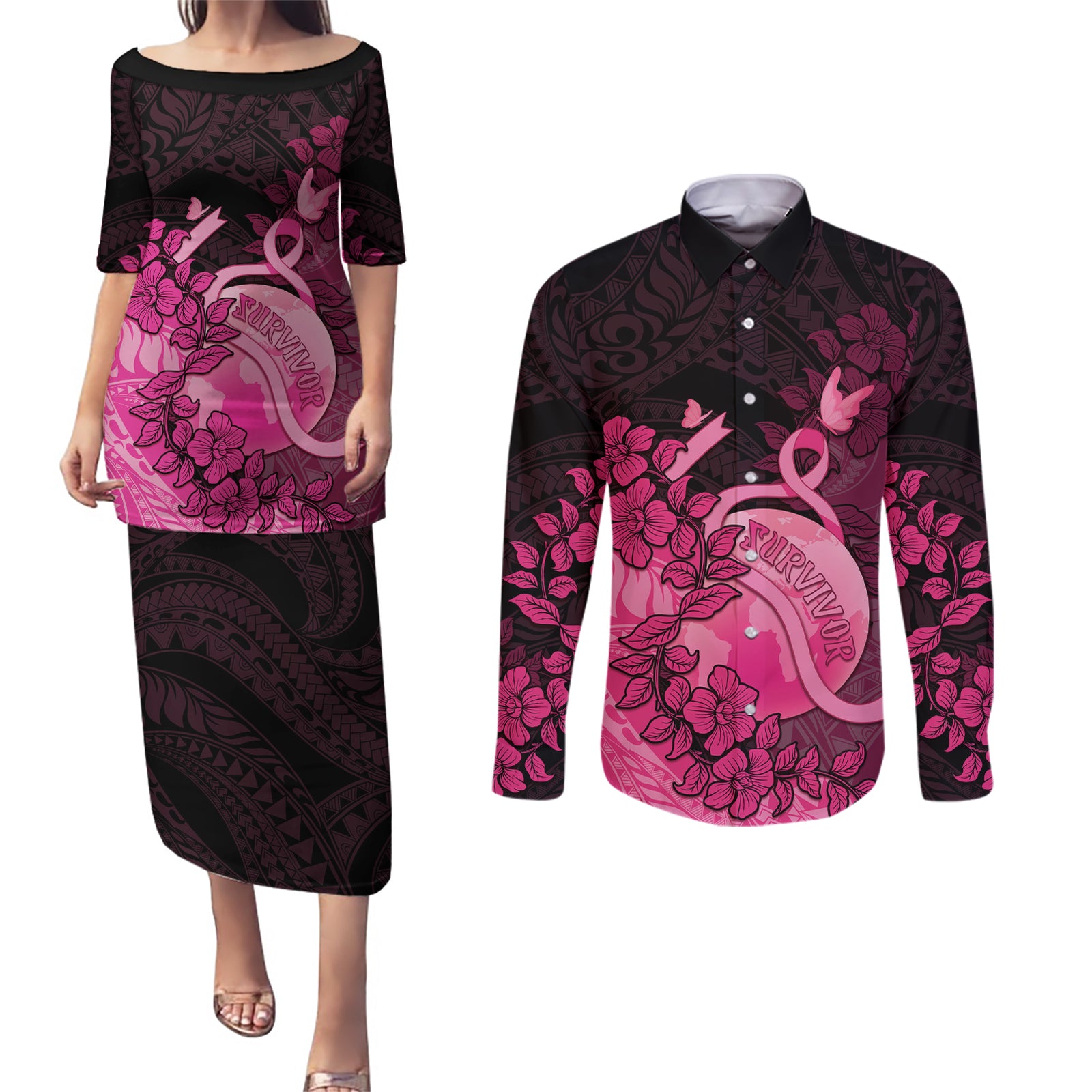 Personalised Cancer Fighter Couples Matching Puletasi and Long Sleeve Button Shirt I Beat Cancer